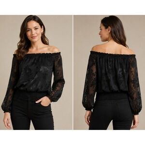 White House Black Market Blouse Women L Black Silk Blend Floral Burnout Smocked